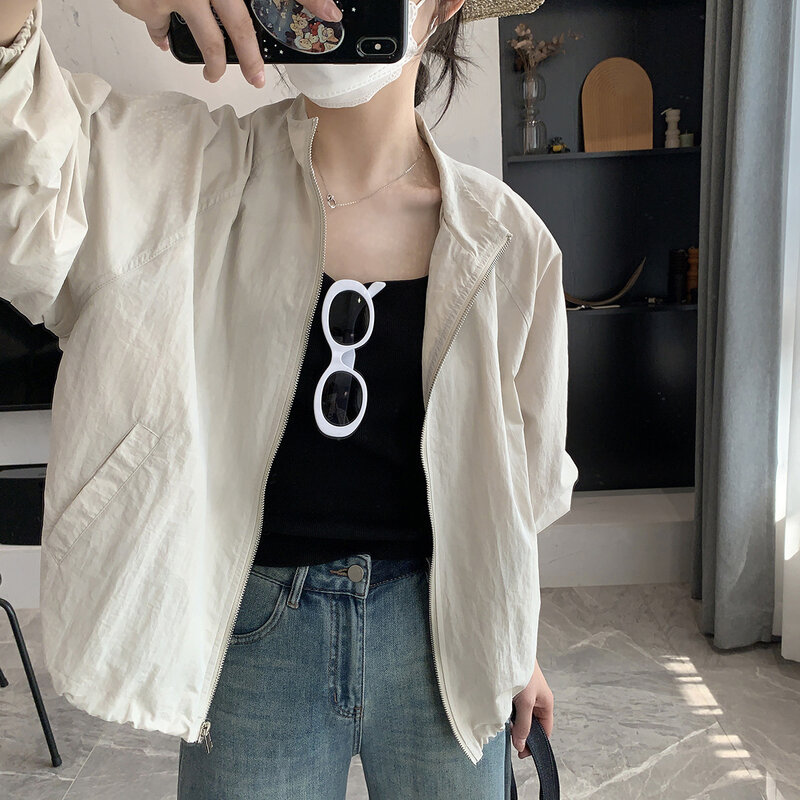 Stand Collar Jacket Thin Loose Jackets Women 2024 New Spring Summer Versatile Casual Top Sun Protection Beach Travel Vacation