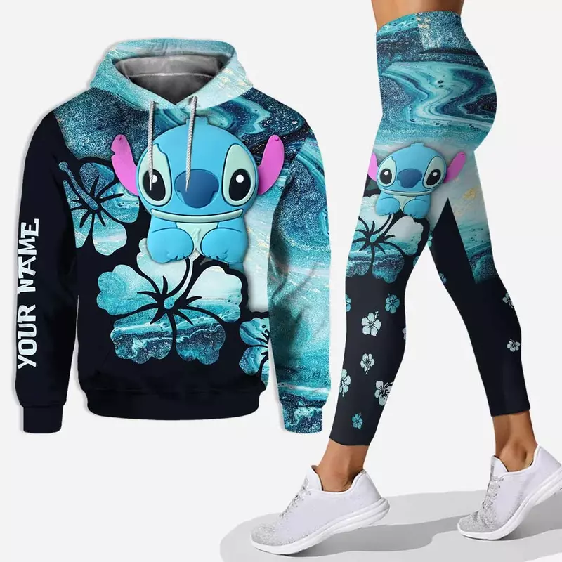 Disney-Conjunto feminino de moletom e leggings 3D Stitch, agasalho casual, calças de ioga, moda, personalizado