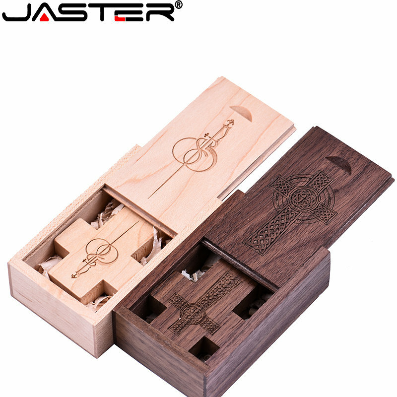 JASTER ไม้ข้าม USB + กล่องแฟลชไดรฟ์ USB Memory Stick Pendrive 8GB 16GB 32GB 64GB 128GB แฟลชไดรฟ์โลโก้ที่กำหนดเองคริสตจักรของขวัญ