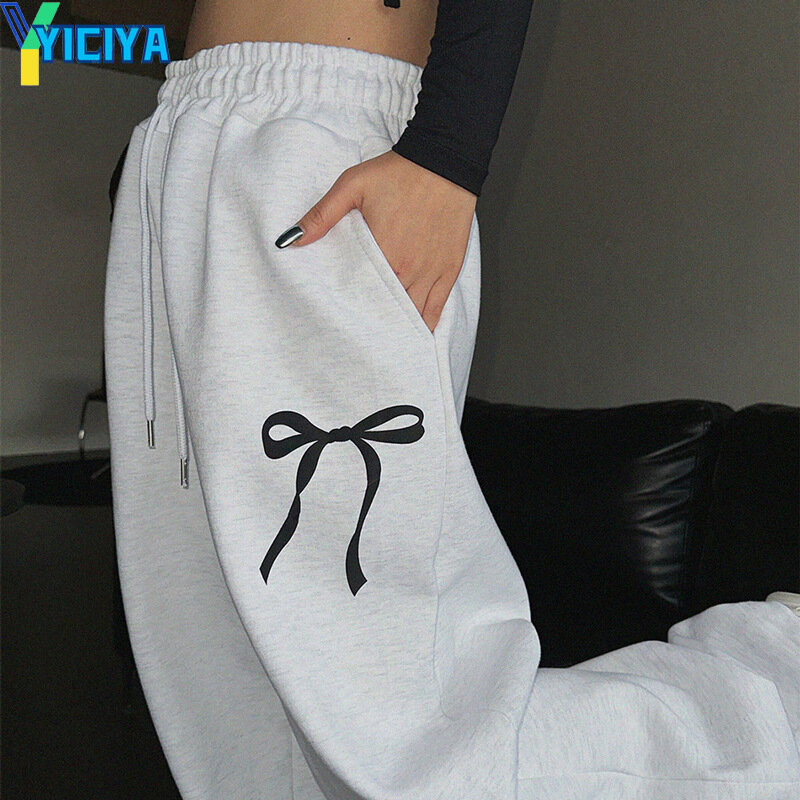 YICIYA-بنطال فضفاض كامل الطول للنساء ، نمط Y2K ، طباعة القوس ، بنطال رياضي مرن ، بنطال رياضي غير رسمي ، ملابس جديدة ، موضة 90s ،