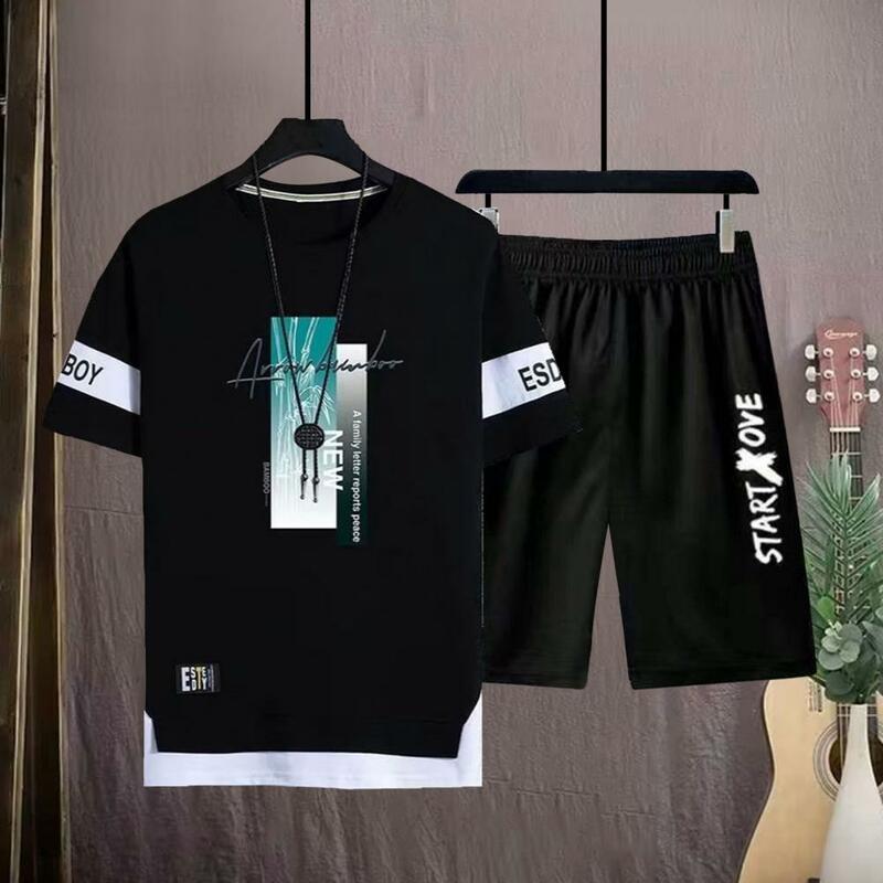 Conjunto de camiseta e shorts de manga curta masculino, roupa esportiva solta, roupa casual, estampa de letras, tendência da moda, verão, 2 peças