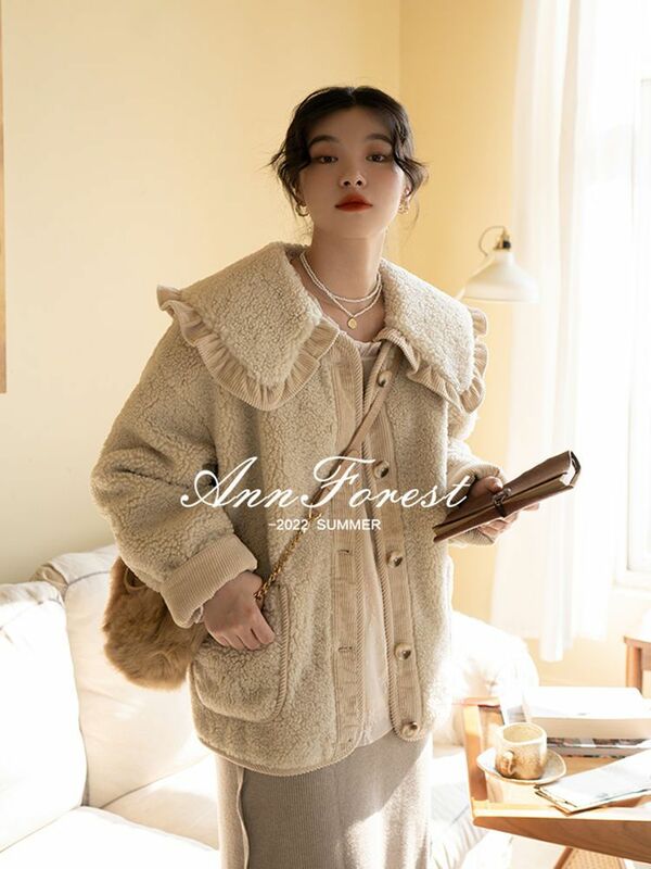 Chaqueta de lana de cordero con cuello de volantes de encaje lindo suelto, abrigo de felpa de muñeca, Otoño e Invierno