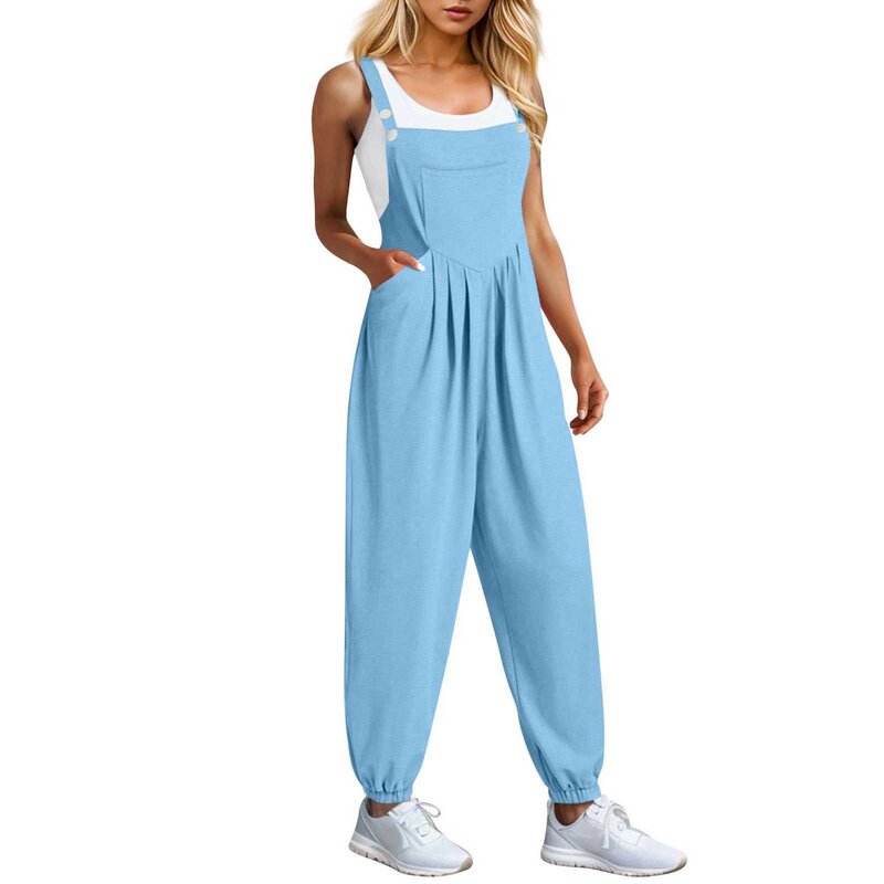 Women'S New Jumpsuits Causal Classic Button Adjustable Strap Solid Sleeveless Rompers With Pockets High Waist Folds Jumpsuits