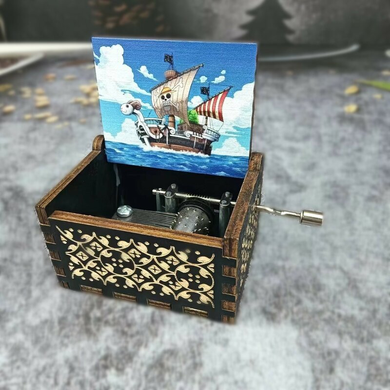Kotak musik Anime One Piece, kotak musik putar tangan bahan kayu untuk dekorasi rumah mainan kreatif lucu anak-anak