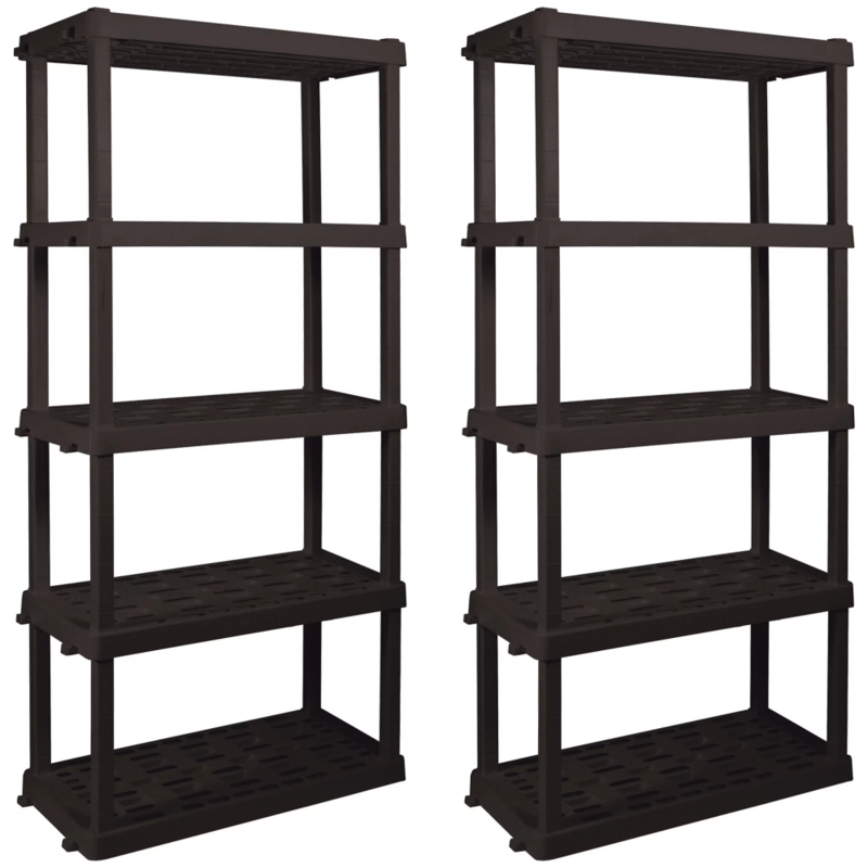74" H x 18" D x 36" W 5 Shelf Plastic Garage Shelves, Pack of 2 Storage Shelving, Black 750 lbs Capacity