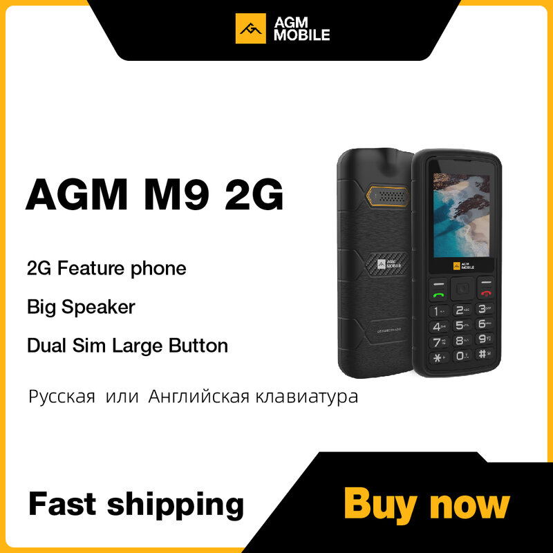 Agm-telefone móvel m9, 2G, teclado russo ou inglês, GSM, 2. tela de 4 polegadas, dual sim, botão grande, barato, para idosos