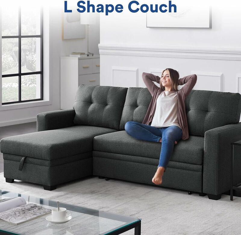 Convertible L Shaped Couch Pull Out Bed and Storage Sectional Sleeper Sofa with Chaise for Living Room, Apartment, Bedroom