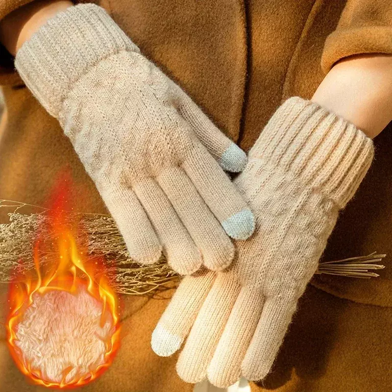 Мужские теплые перчатки с закрытыми пальцами, Зимние флисовые перчатки для сенсорного экрана, женские утепленные шерстяные вязаные перчатки для велоспорта и вождения
