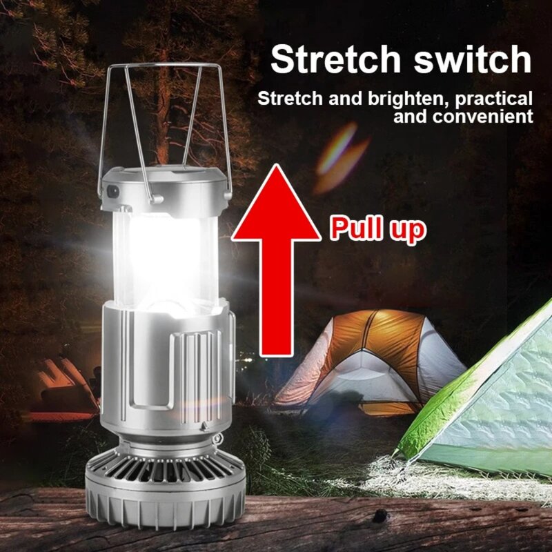 Lámpara de tienda de campaña multifuncional de doble propósito, lámpara de mano plegable portátil con ventilador, luz fuerte