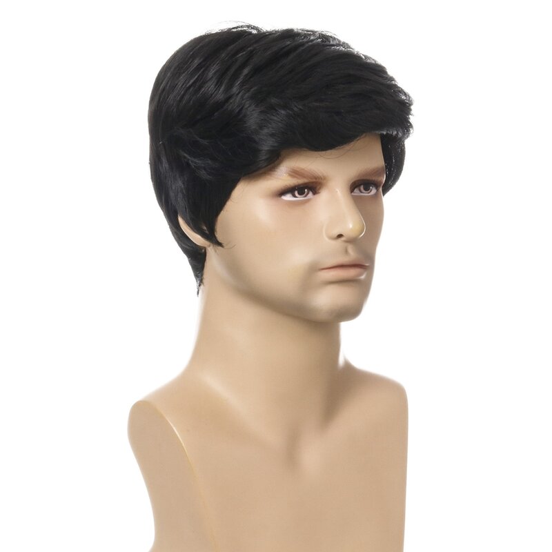Wig mode hitam pendek pria lurus Wig sintetis untuk pria rambut palsu realistis Wig hitam alami