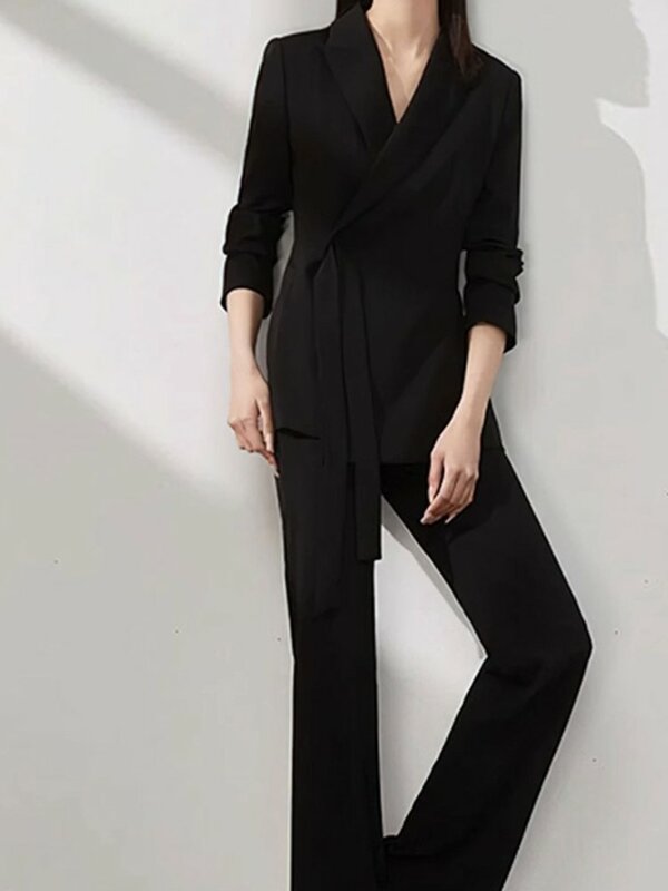 New Office Lady Solid Women Suits 2 Pieces Chic Long Sleeve Blazer High Waist Straight Pants Vintage Sets Female Fashion Clothes