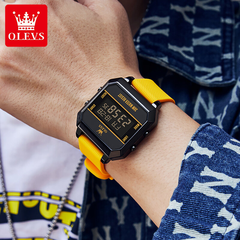 OLEVS jam tangan elektronik pria, arloji Digital tali silikon tahan air olahraga Alarm untuk lelaki 2024