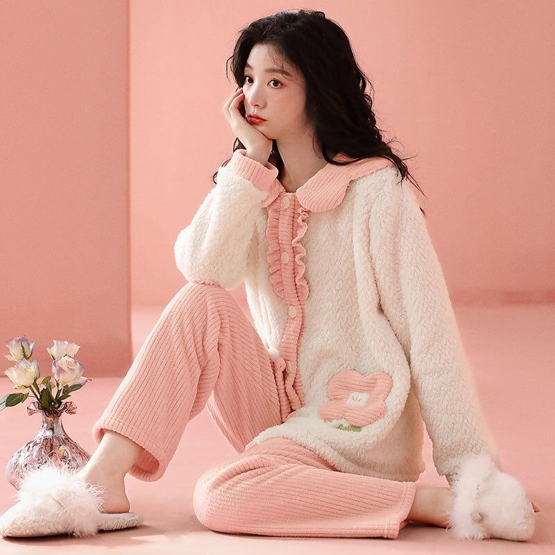 Coral Velvet Nightclothes Autumn Winter Women Thickened Fleece-lined Sweet Cardigan Pajamas Female Thermal Flannel Homewear Suit