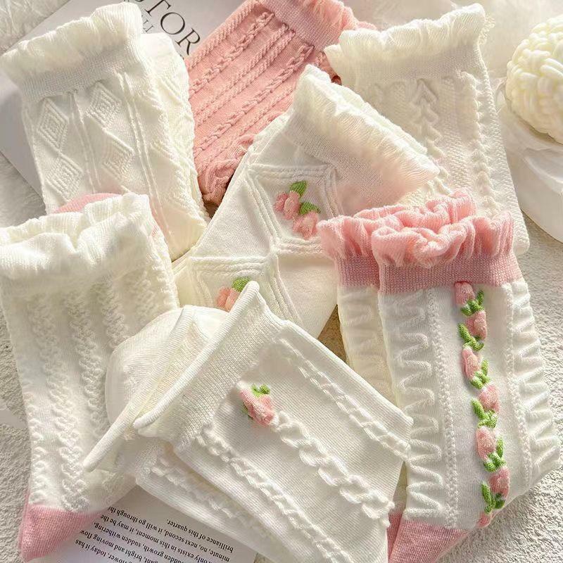5 Pairs Pink and White Lace JK Socks Women's Mid-Tube Pink Mist Color Girls Socks Spring and Summer Thin Style