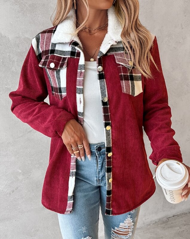 Women's Jacket 2023 Autumn Colorblock Plaid Print Corduroy Lined Casual Turn-Down Collar Long Sleeve Pocket Design Daily Shacket