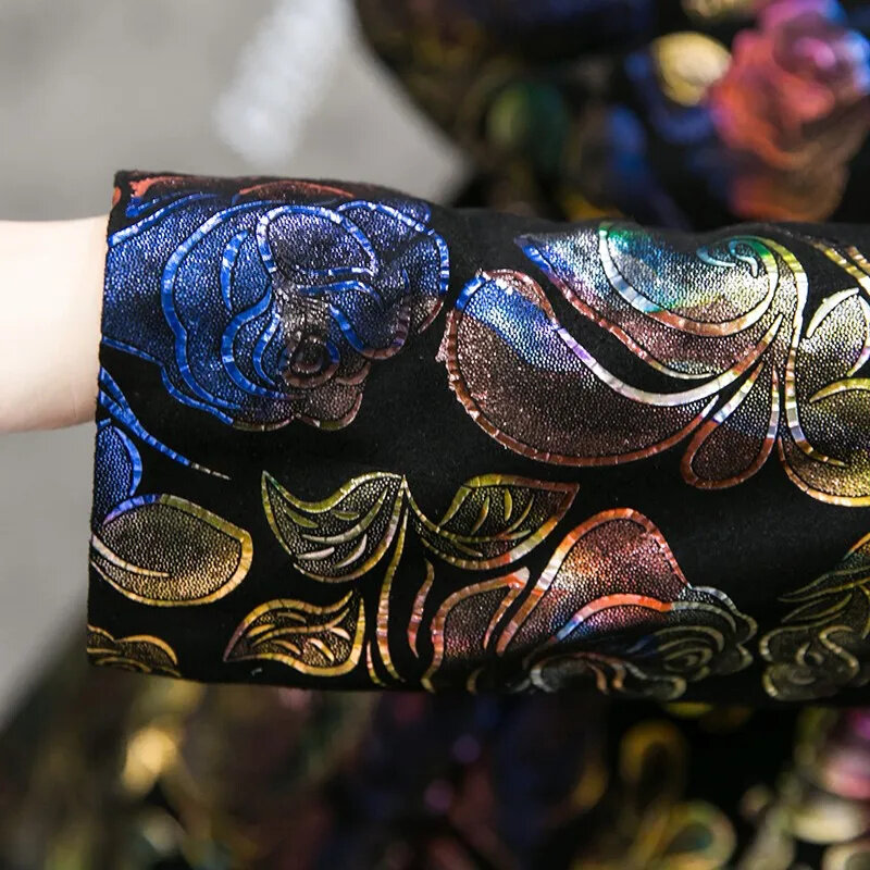 Darmowa wysyłka wielokolorowy kwiatowy Print trencz z prawdziwej skóry jagnięcej płaszcze modne długa odzież wierzchnia