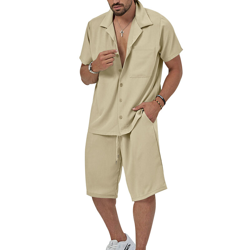 Pakaian pria 2 potong, kemeja lengan pendek berkancing Lapel kasual dan celana pendek serut untuk musim panas, pakaian pria untuk Lei harian