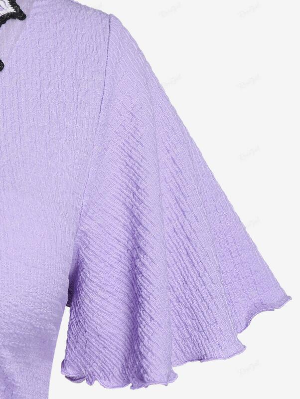 Rosegal Plus Size T-Shirts Vetersla Dubbelgelaagde Getextureerde Tee-Licht Paarse Mode V-Hals Tops Voor Vrouwen Blouse