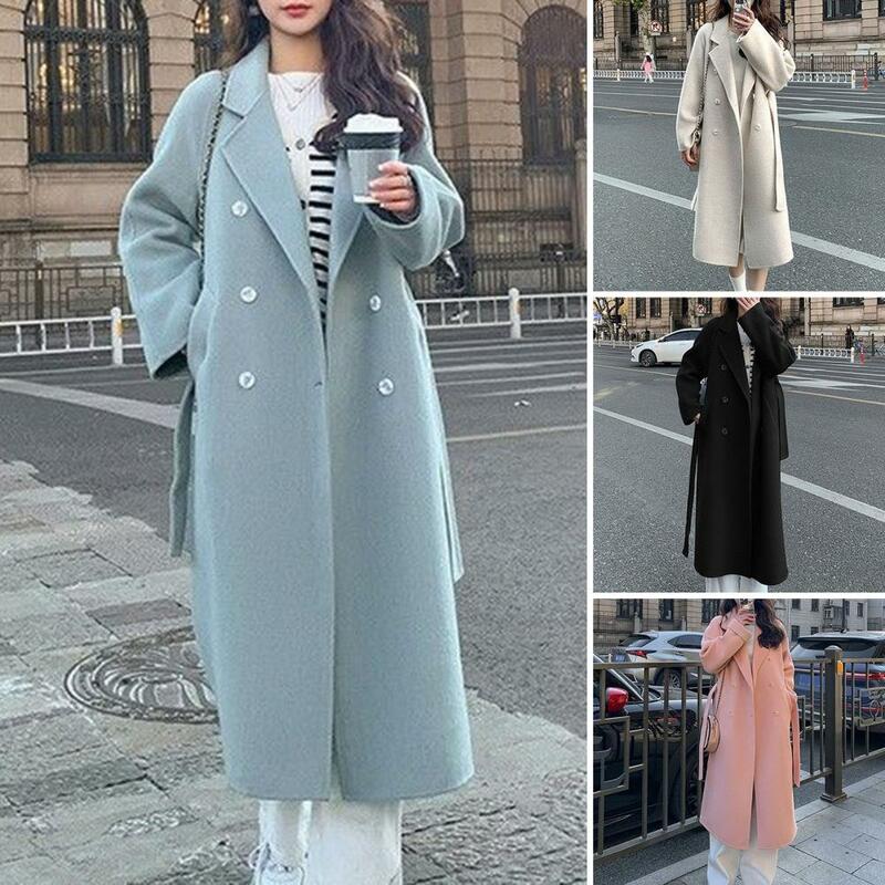 Jaket hangat wanita, mantel perempuan panjang setengah betis dipertebal longgar dengan kerah lipat dua baris untuk musim gugur/musim dingin