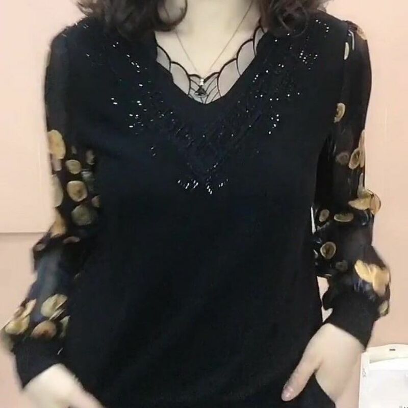 Женская Кружевная футболка с V-образным вырезом и длинным рукавом