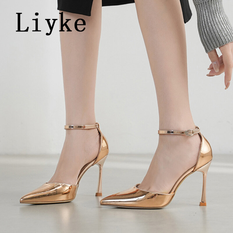 Liyke-zapatos de charol de alta calidad para mujer, en la punta con hebilla tacones de aguja, Sexy, sandalias con talón descubierto
