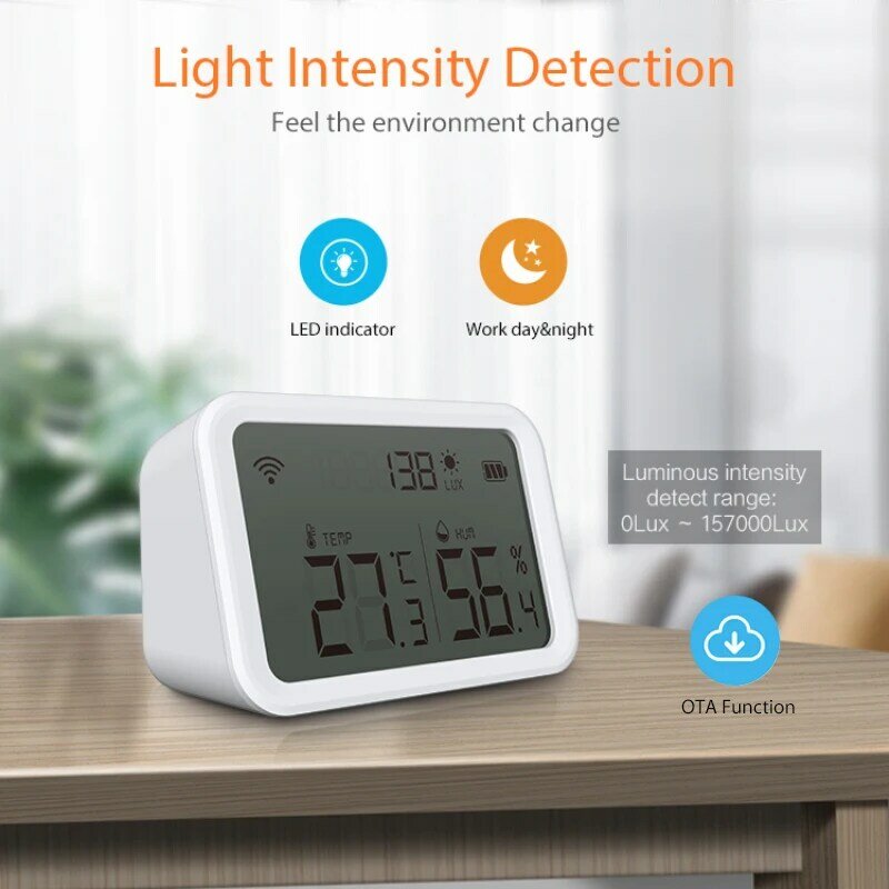 Zigbee ذكي مستشعر درجة الحرارة والرطوبة ، كاشف ضوء لوكس ، مقياس الرطوبة الداخلي ، ميزان الحرارة مع شاشة LCD ، تويا وهوميكت ، واي فاي