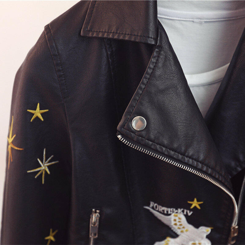 Spring Autumn Leather Coat New Design Embroidery PU Leather Jacket Women Femme Adjustable Waist Short Slim Fit Outerwear 2023