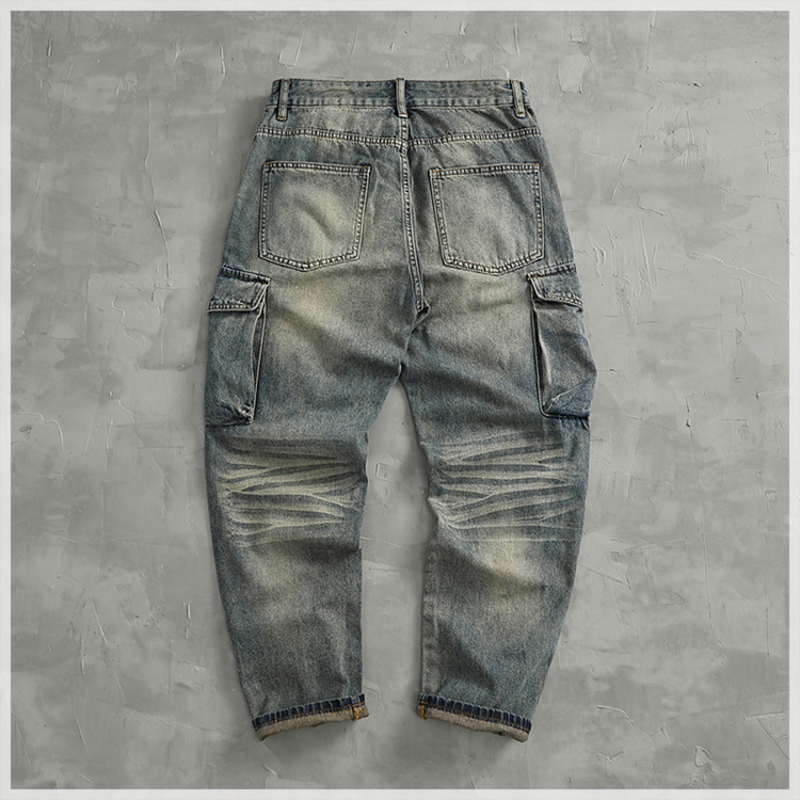 Heavy American vintage motorcycle cargo jeans men's multi-pocket straight cone heavy washed casual pants tide