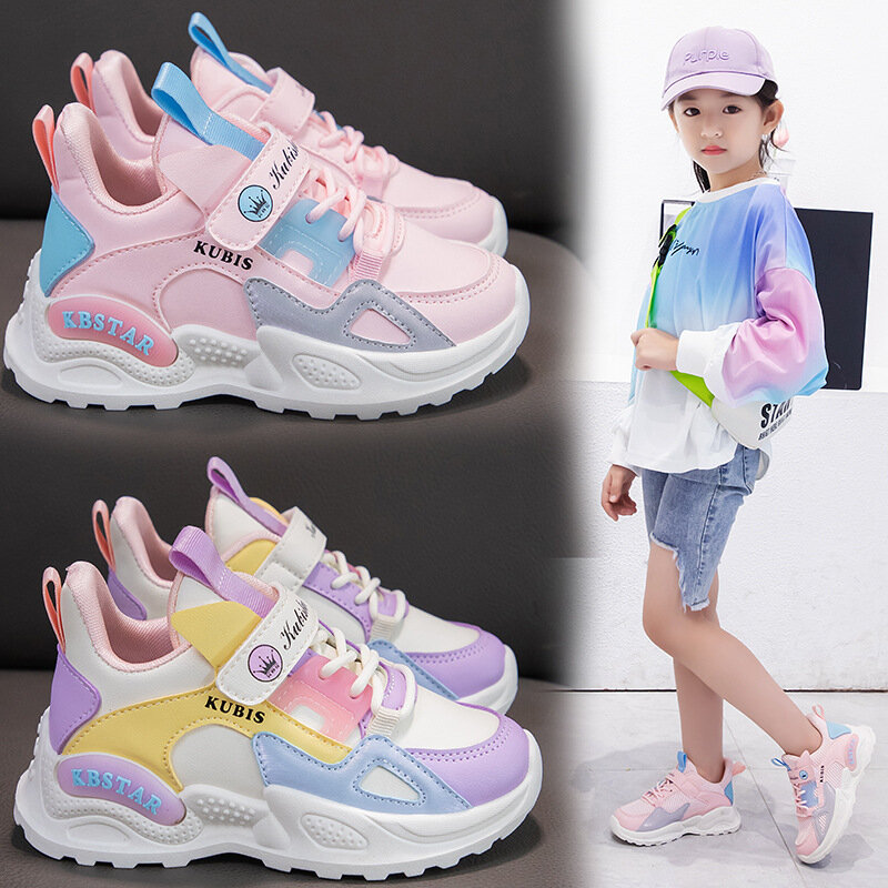 Wiosenne trampki dla dziewczynek szkolne buty na co dzień na zewnątrz oddychające świecące buty do biegania miękkie tenisowe różowe antypoślizgowe buty dziecięce