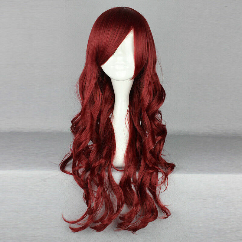 Peruca longa de cabelo sintético encaracolado para senhoras, vermelho escuro, festa