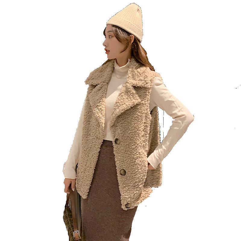 Traje de lana de cordero de imitación de piel de otoño e invierno, chaleco de cuello, ropa exterior femenina, chaleco de moda todo en uno