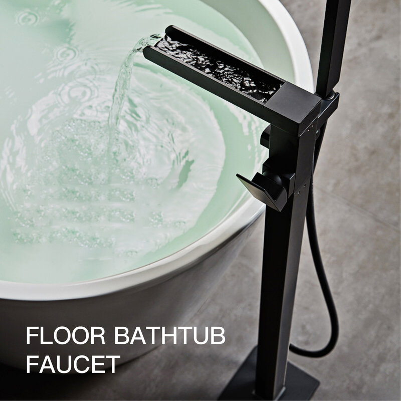 Simple black brass bathroom floor to floor bathtub faucet, single handle, cold and hot dual control waterfall faucet