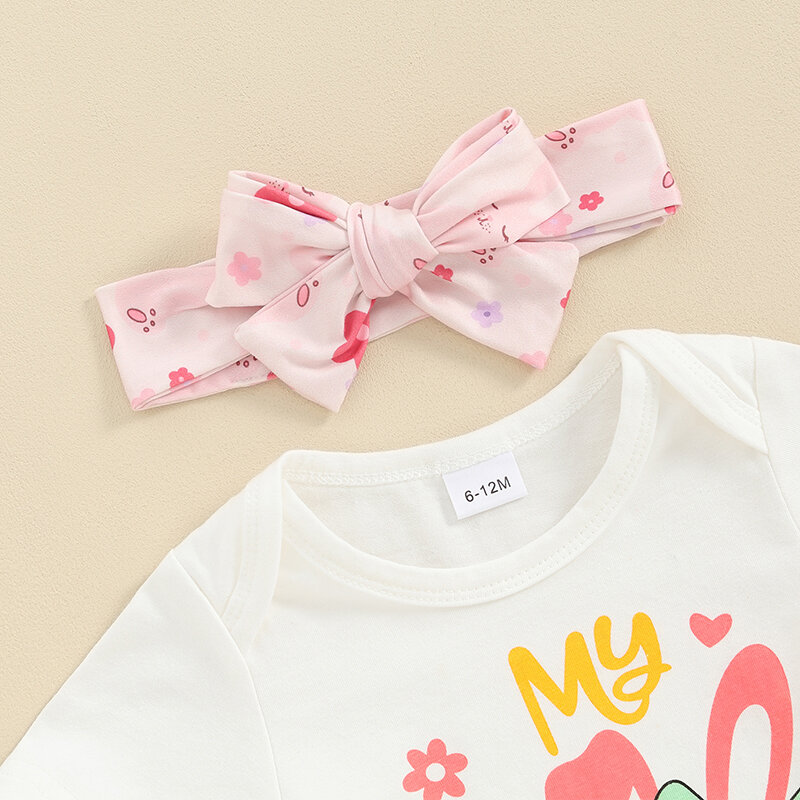 Lioraitiin Toddler Baby Girl Easter Outfit Round Neck Short Sleeve Letter Print Romper + Elastic Waist Flare Pants+Headband Set