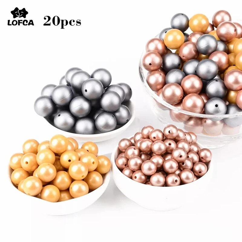 LOFCA 20pcs Metallic Golden Print Silicone Beads 19mm Food Grade Silicone 12mm Sliver Pearl Teether Beads DIY Teething Nursing