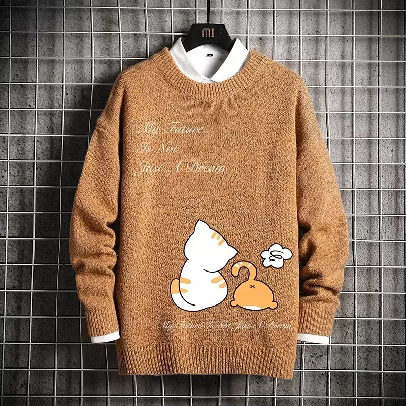 M-XL!High quality autumn and winter new men's casual trend round neck thickened plush long sleeved sweater
