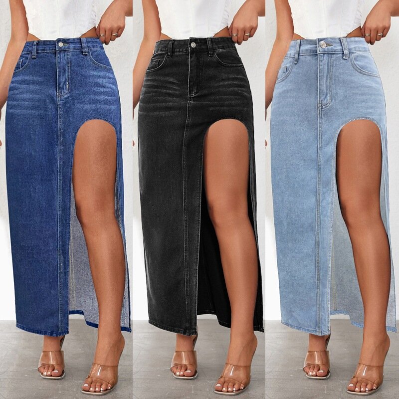 Женская джинсовая юбка с разрезом и низкой талией, состаренная облегающая длинная джинсовая юбка Y2k, пикантные винтажные повседневные юбки, уличная одежда