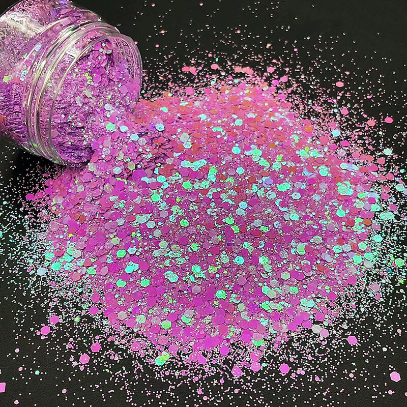 Chunky niebieski/fioletowy/różowy AB kolor Shift Glitter Nail Art płatki 20 gramów holograficzne Hex-Custom poliester Spangles świecący cekiny