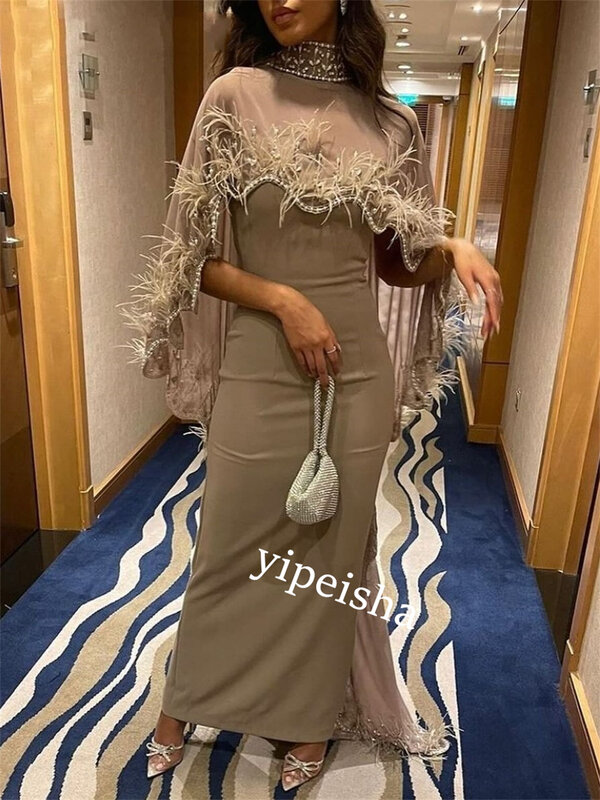 Платье для выпускного вечера из джерси с бисером и перьями на день рождения, ТРАПЕЦИЕВИДНОЕ ПЛАТЬЕ с высоким воротником на заказ, платья-миди, Саудовская Аравия