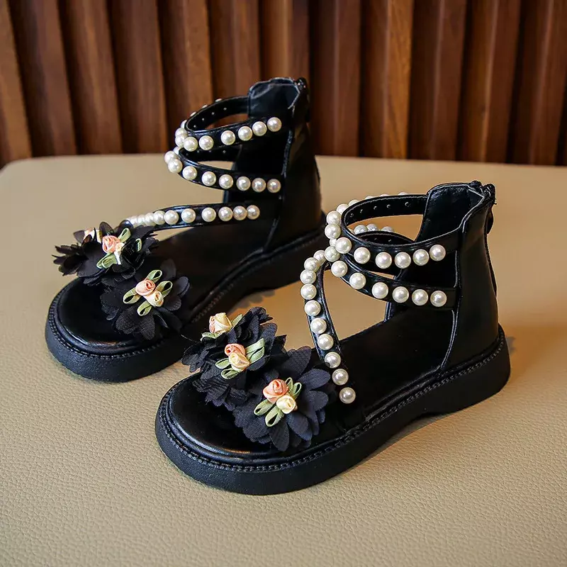 Sandal anak-anak musim panas bunga manis sandal untuk gadis cantik mode kasual mutiara anak putri terbuka sandal Romawi ritsleting