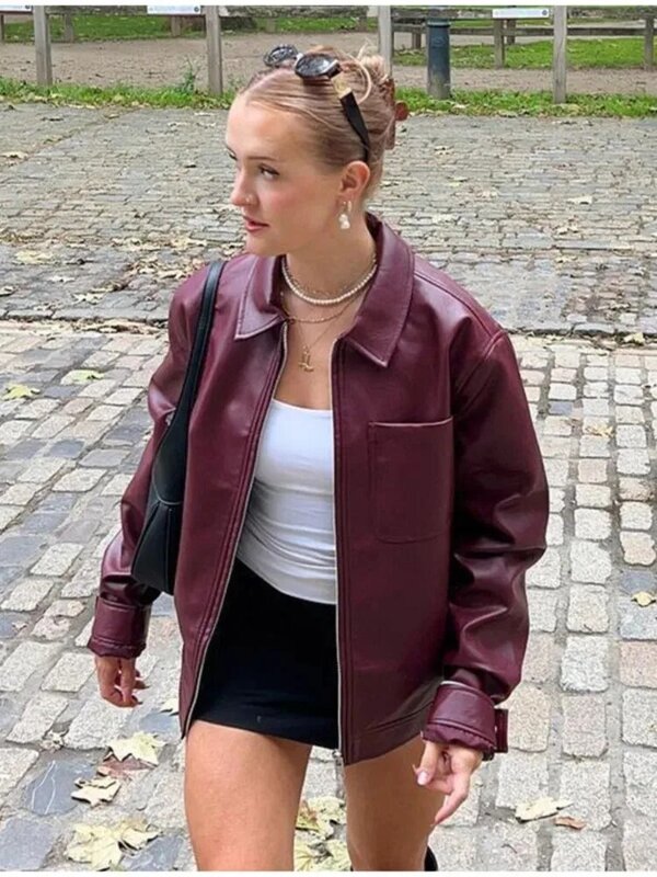 Frauen schicke Kontrast nähte rote Jacke Mode Revers Langarm Ledermantel mit Reiß verschluss 2023 Herbst weibliche elegante Streetwear