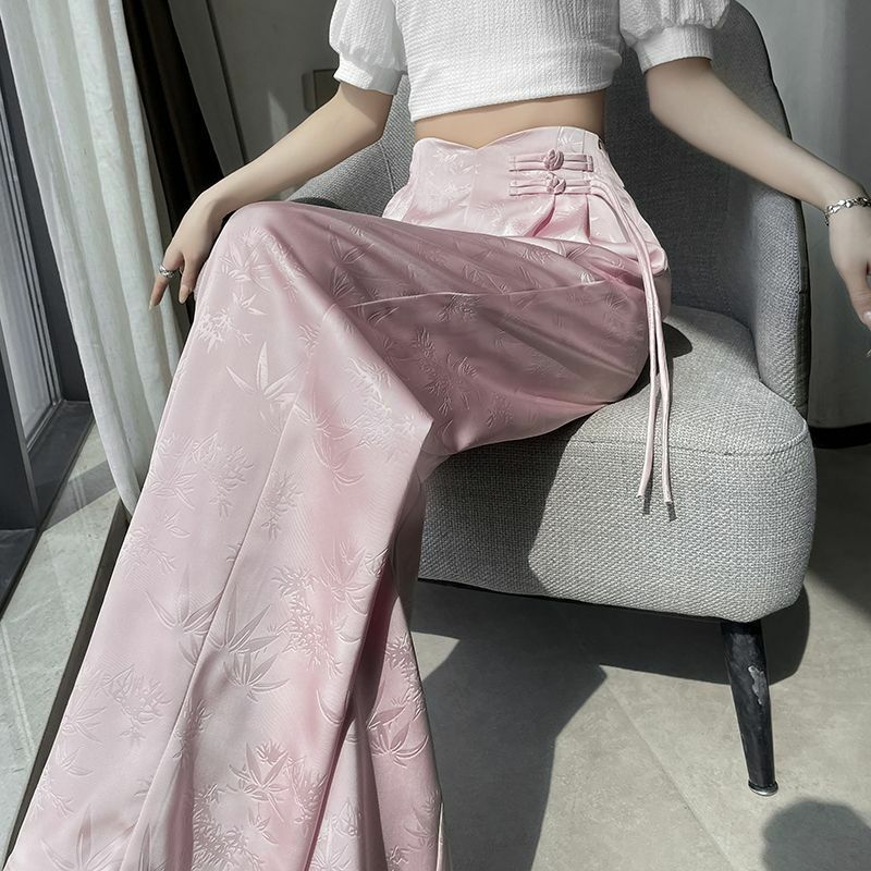 Женские атласные жаккардовые брюки, розовые свободные брюки с широкими штанинами и прямыми пуговицами, с высокой талией, весна-лето 2024