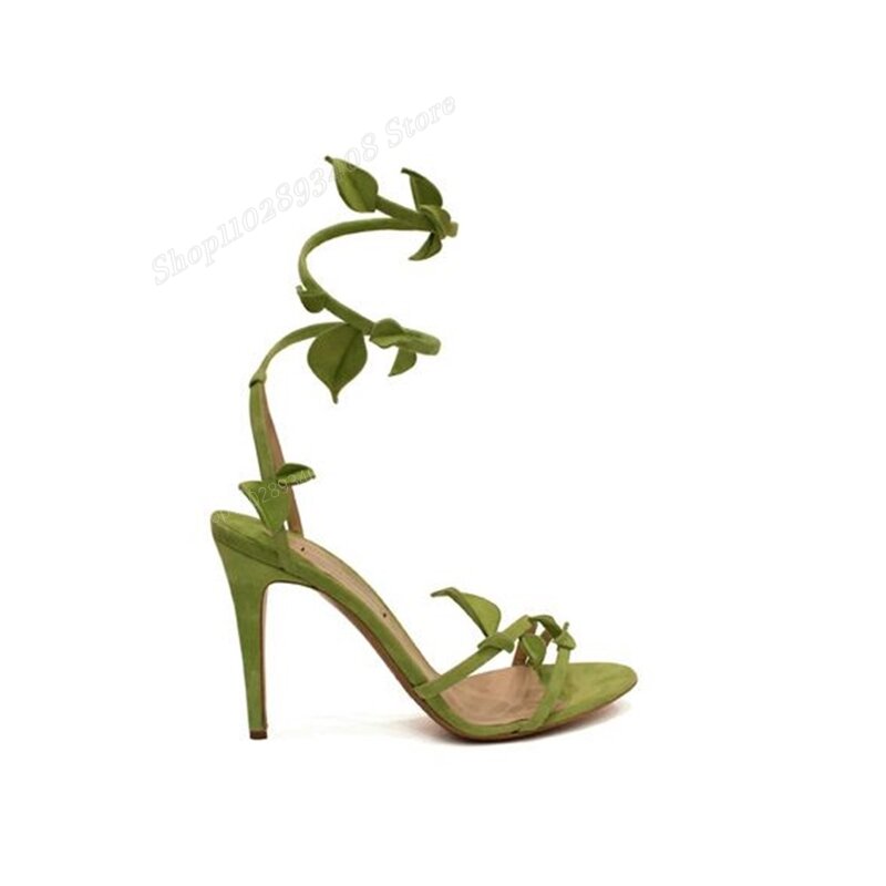 Green Leaves Design Twine Sandals Hollow New Design Stiletto High Heel Fashion Women Shoes 2024 Spring Zapatos Para Mujere