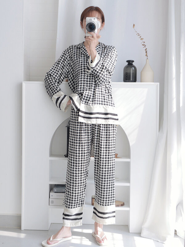 2023 Houndstooth Vrouwen Pyjama Vrouwelijke Set Vrouw 2 Stuks Herfst Nachtkleding Elegante Pijama Plaid Pyjama Lange Mouwen Loungewear
