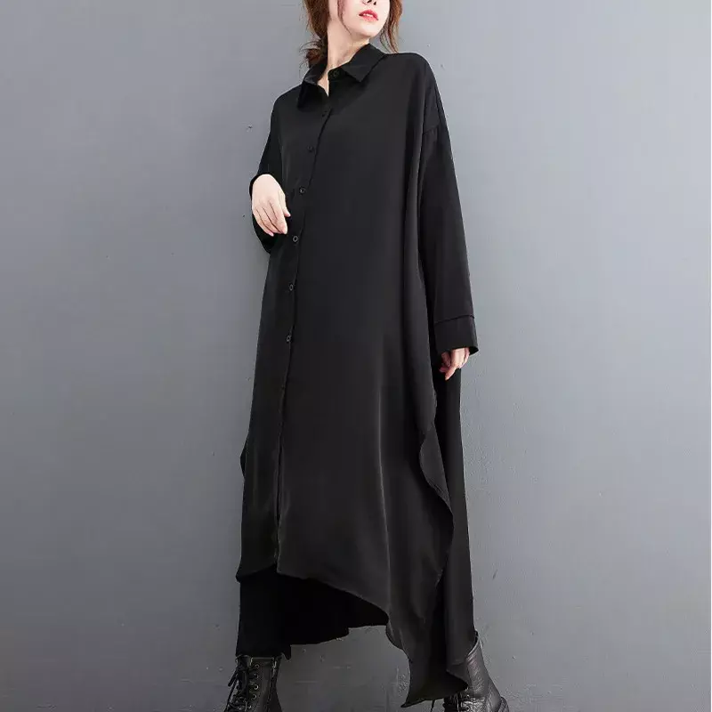 ชุดยาวดำเสื้อชุดเสื้อแขนยาวลำลองคอเสื้อโปโลผู้หญิงหลวมชุดเดรสผ้าชีฟองไม่สมมาตรผ่าสไตล์เกาหลี