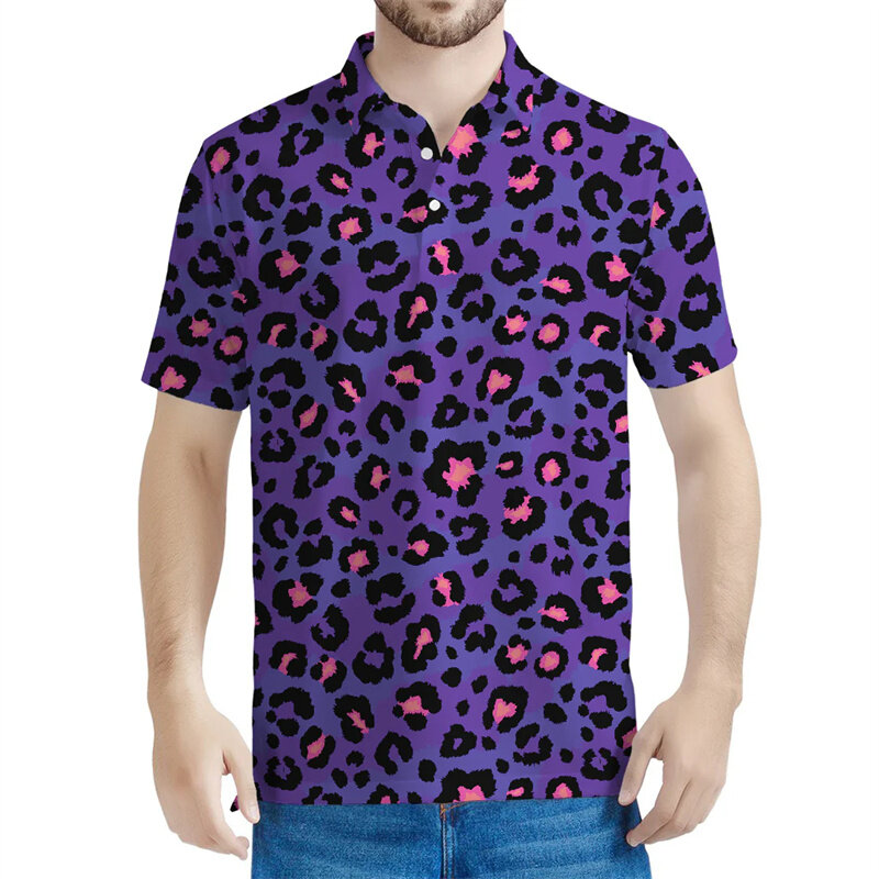 Camisa polo com padrão leopardo masculina e feminina, tops de manga curta estampados em 3D, camiseta de rua verão, camiseta de lapela multicolorida