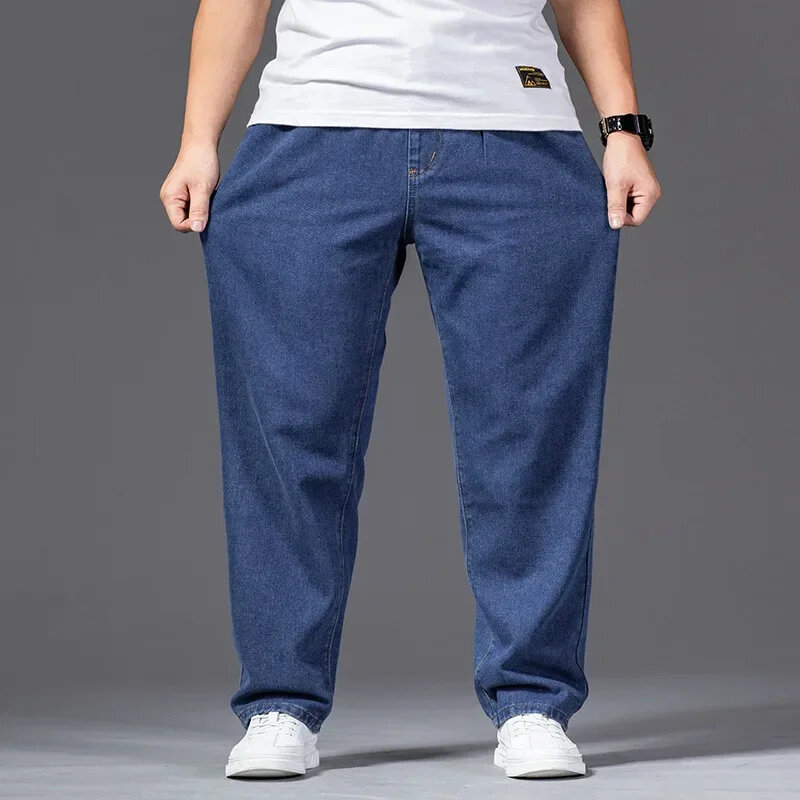 Celana panjang Jeans kaki lebar paha tebal untuk pria, celana panjang Denim melar lurus 140KG elastis pinggang ukuran besar 42 46 untuk pria