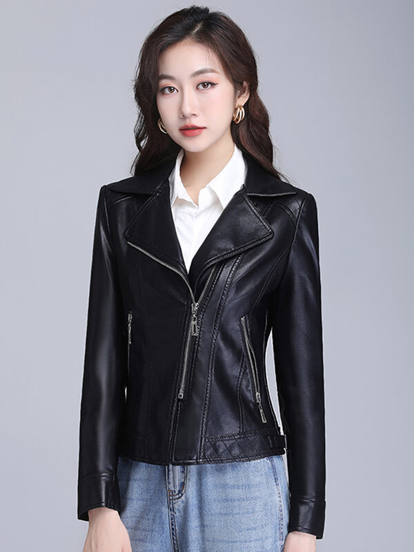 New Women Moto Leather Jacket Spring Autumn Fashion Suit Collar Slim Biker Coat Split Leather Outerwear Sheepskin Tops Coat