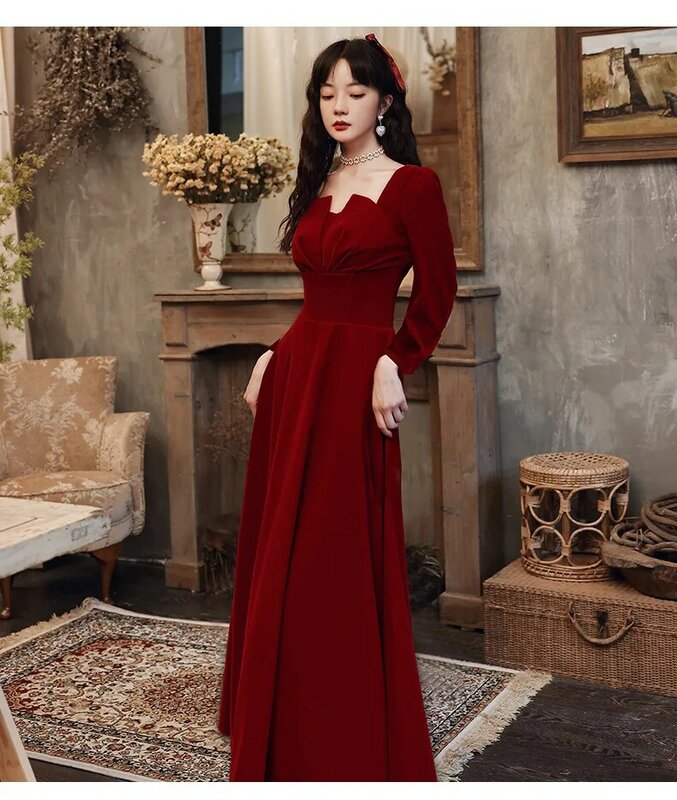 Saia com colarinho quadrado manga comprida, elegante vestido de escritório, vinho vermelho, festa formal, casamento, dama de honra, outono, 2022