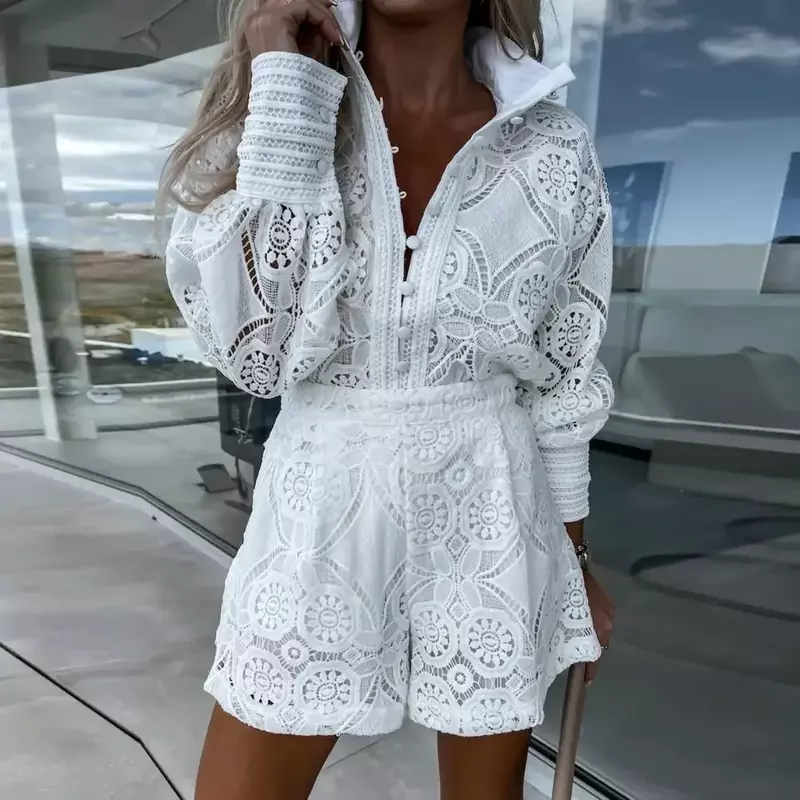 2024 New Vintage Single Breasted White Lace Women Shorts Sets Spring Long Sleeve Casual Party 2 Pcs Outfits Femme Suit Summer
