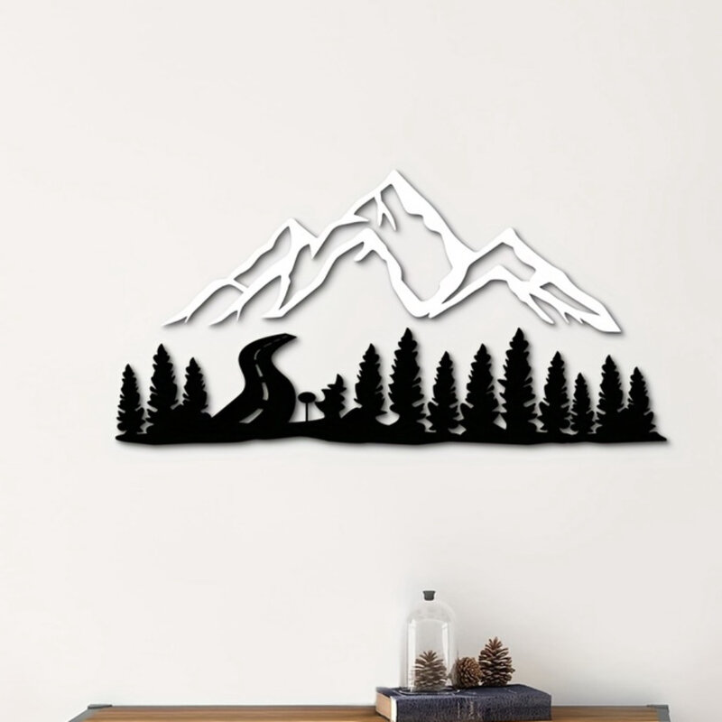 Art mural en métal de montagne et de forêt d'artisanat de fer, décor à la maison de silhouette d'arbre